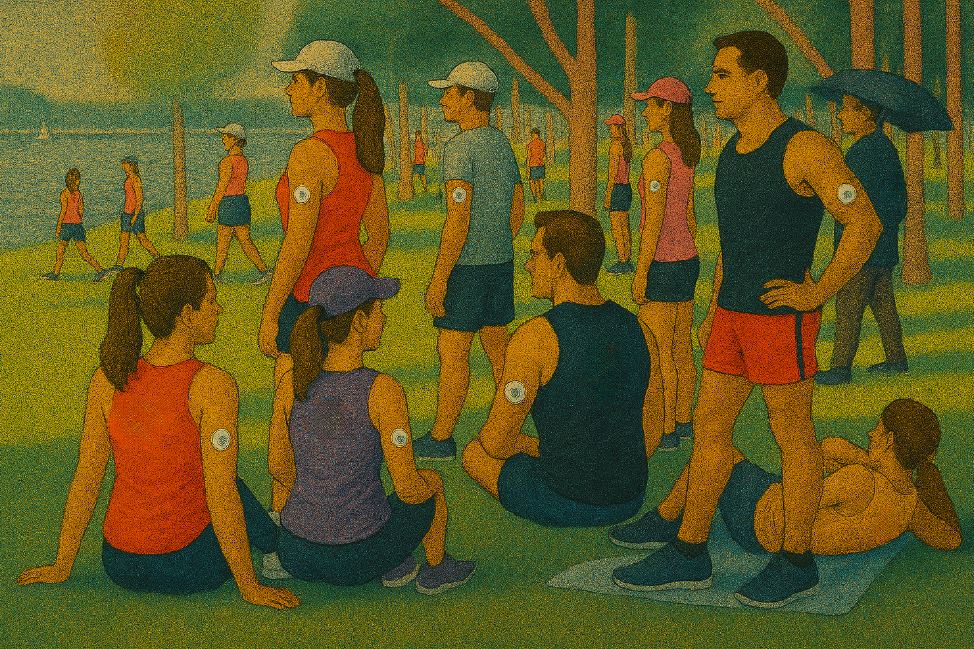 Group of people in athletic wear outdoors, each with a glucose monitor on their arm, gathered in a park near a lake.