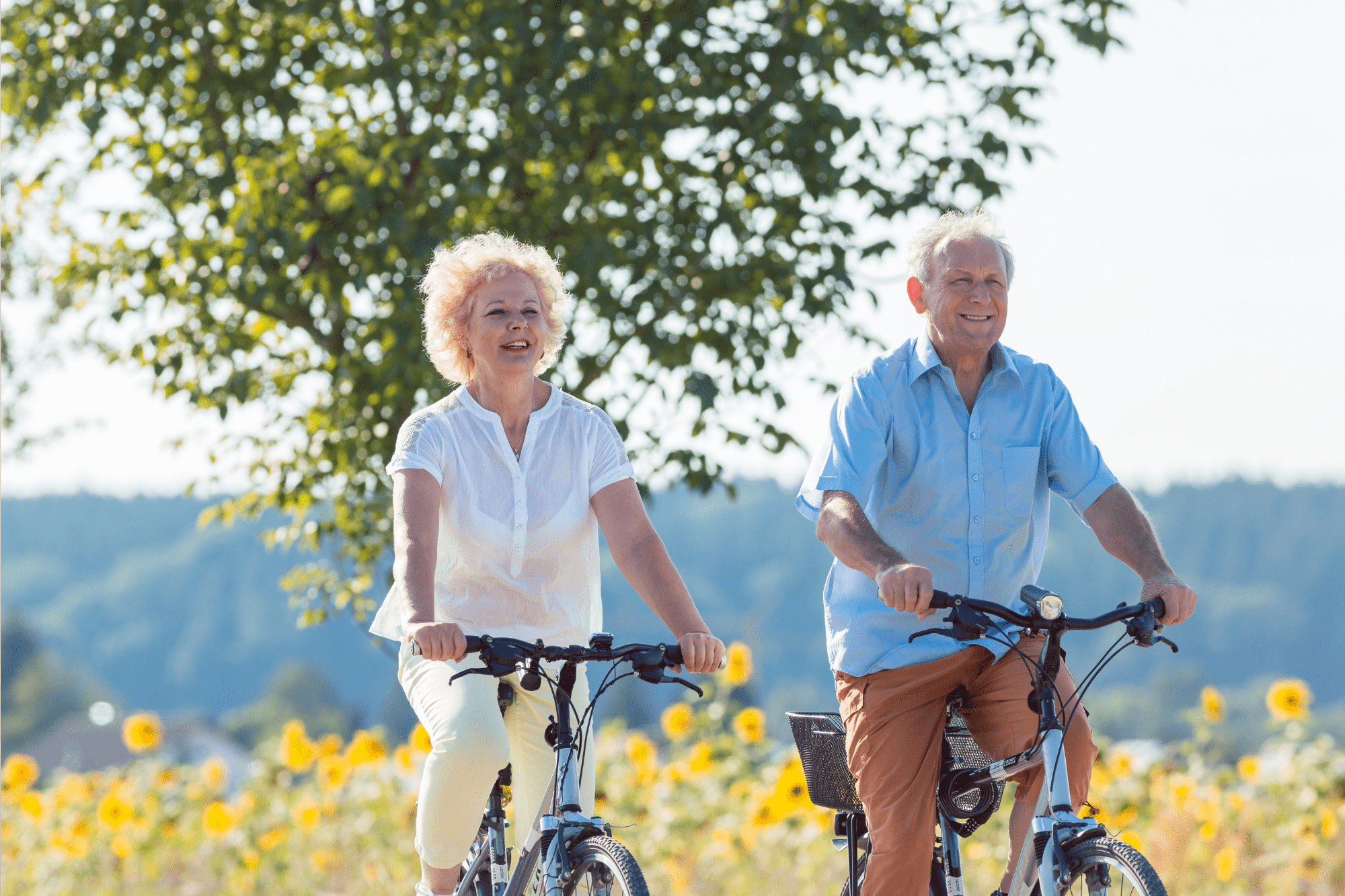 Older couple cycling outdoors on a sunny day.