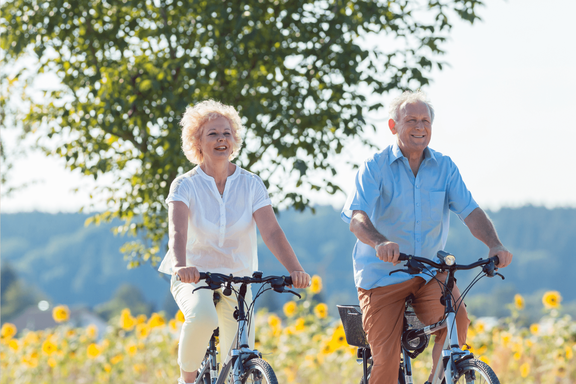 Older couple cycling outdoors on a sunny day.