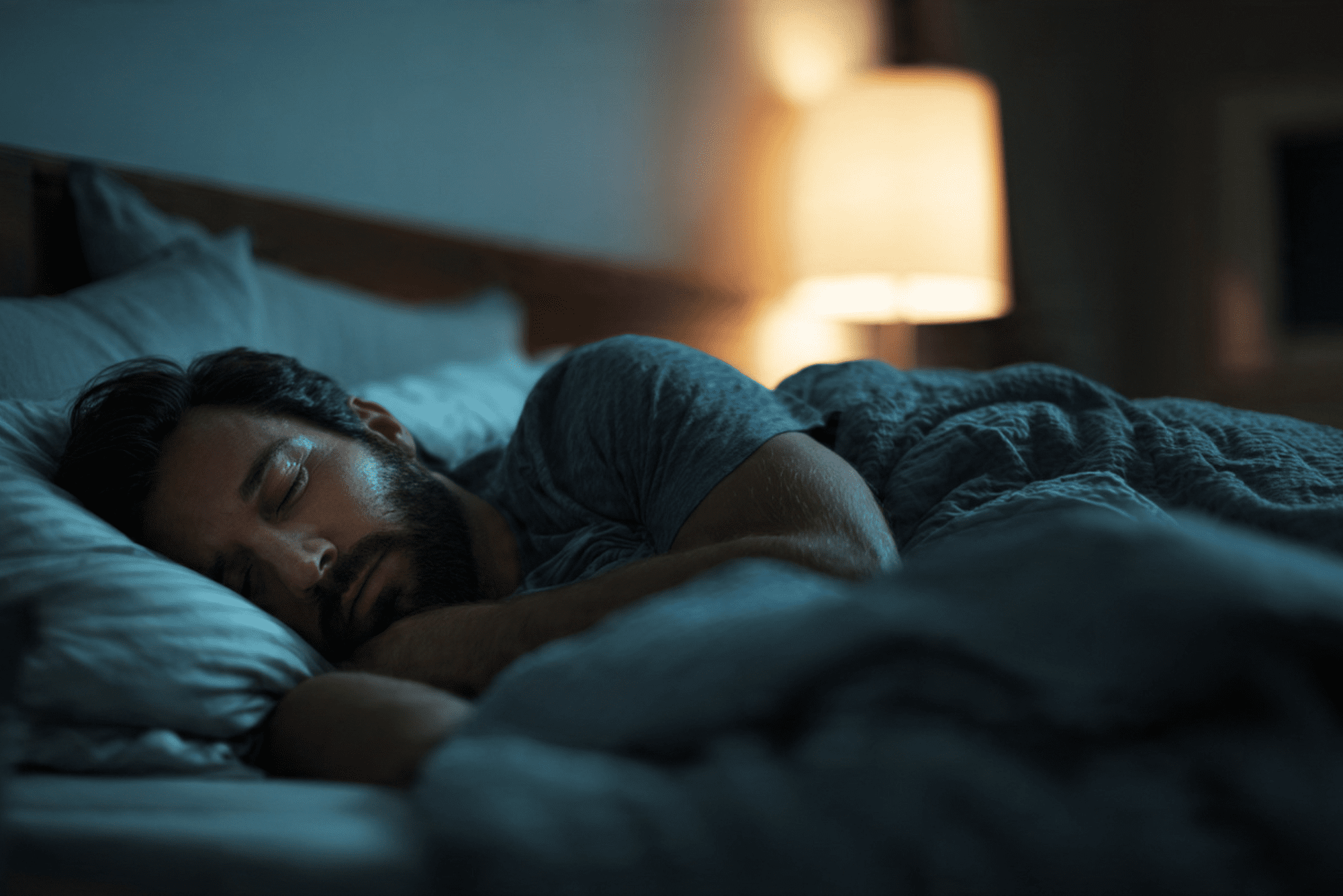 Man sleeping in a dark room on a bed, illustrating how to regulate body temperature while sleeping.