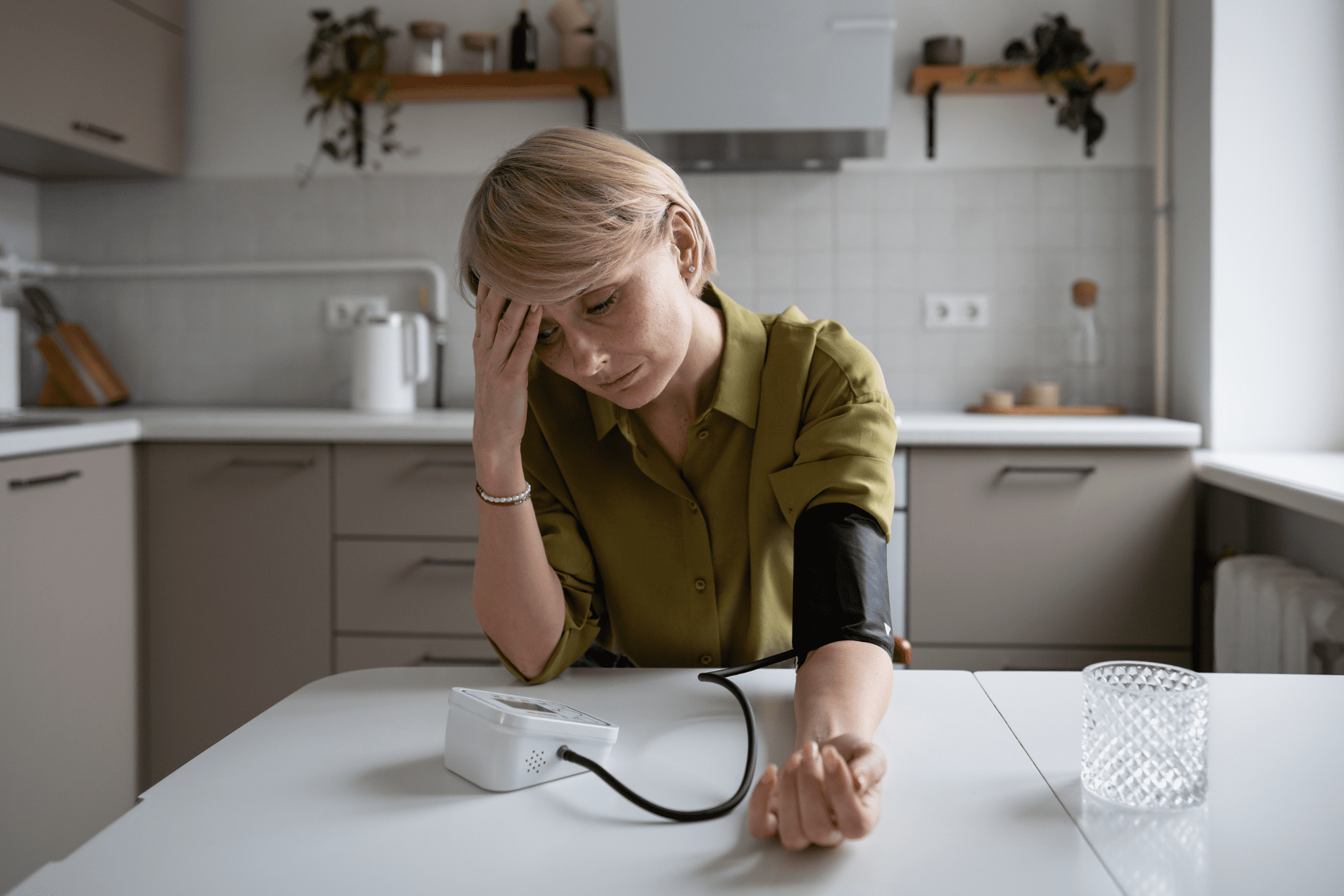 Stressed woman with hand on her forehead checking her blood pressure.