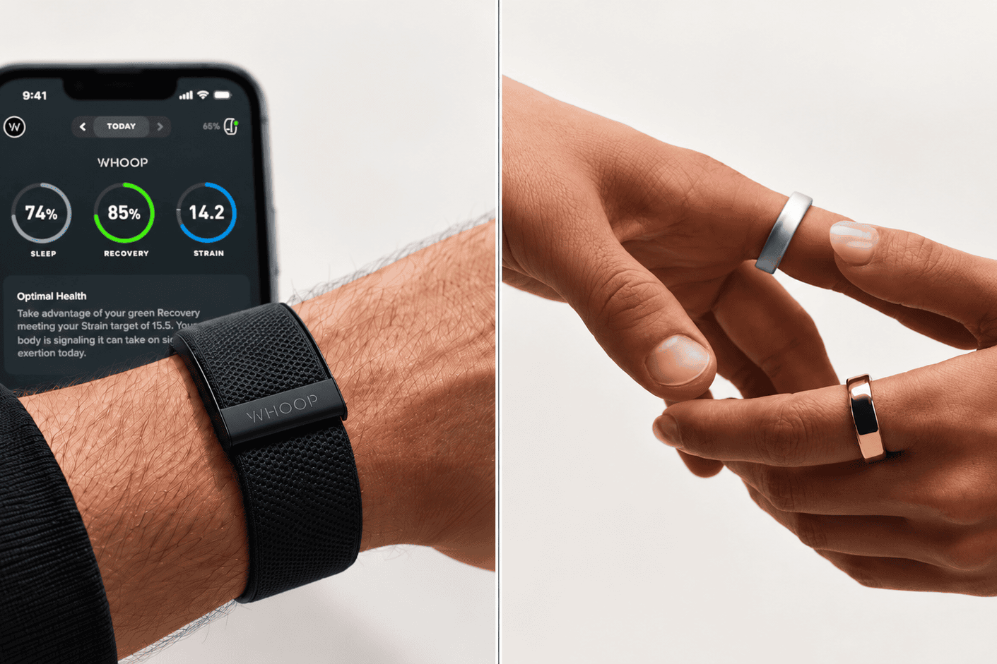 Wrist wearing a fitness tracker beside a phone showing WHOOP data, next to two hands displaying Oura Rings.