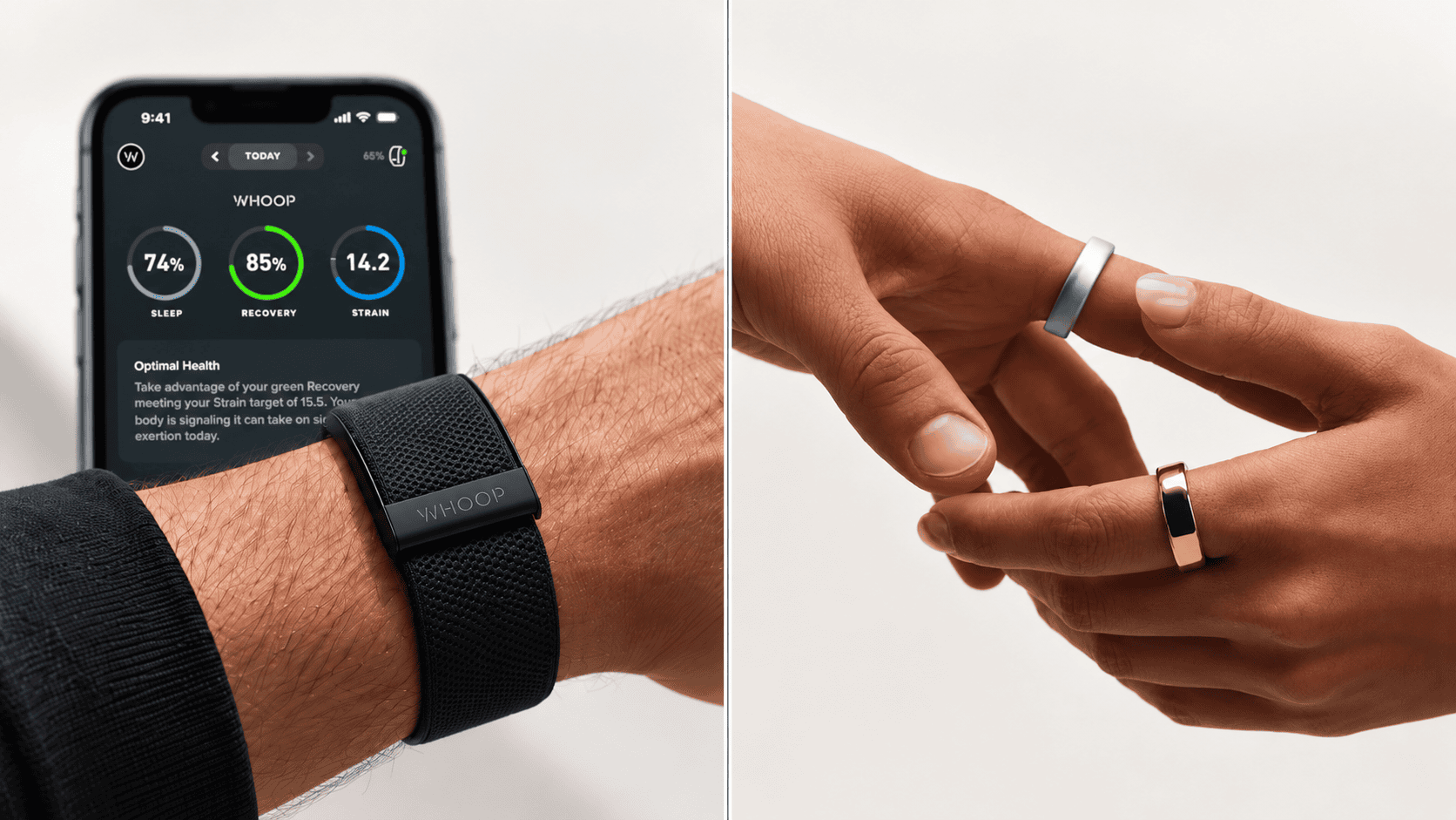 Wrist wearing a fitness tracker beside a phone showing WHOOP data, next to two hands displaying Oura Rings.